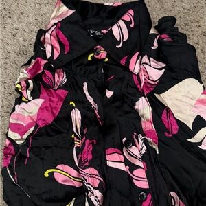 bebe Black Floral Satin Blouse with Pink Accents
